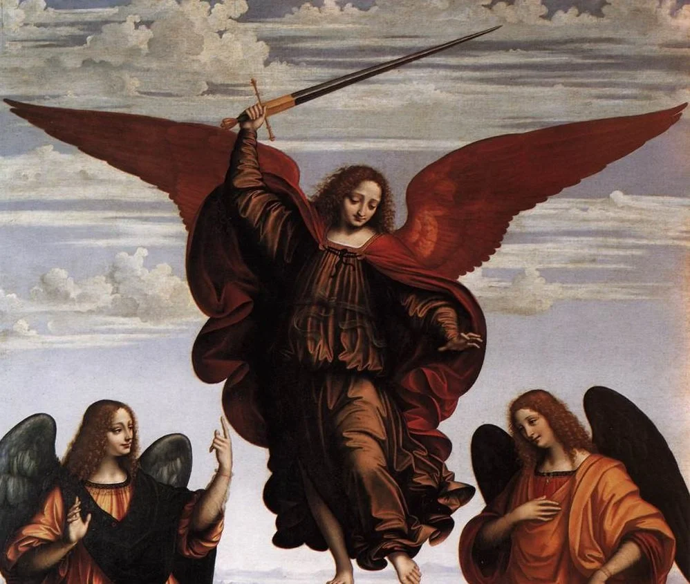 Baroque-style painting depicting three angels with wings, one ascending with a sword, and two others with black and brown wings, against a sky with clouds.