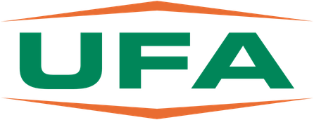 United Farmers of Alberta Logo. UFA text in green with orange chevrons above and below.