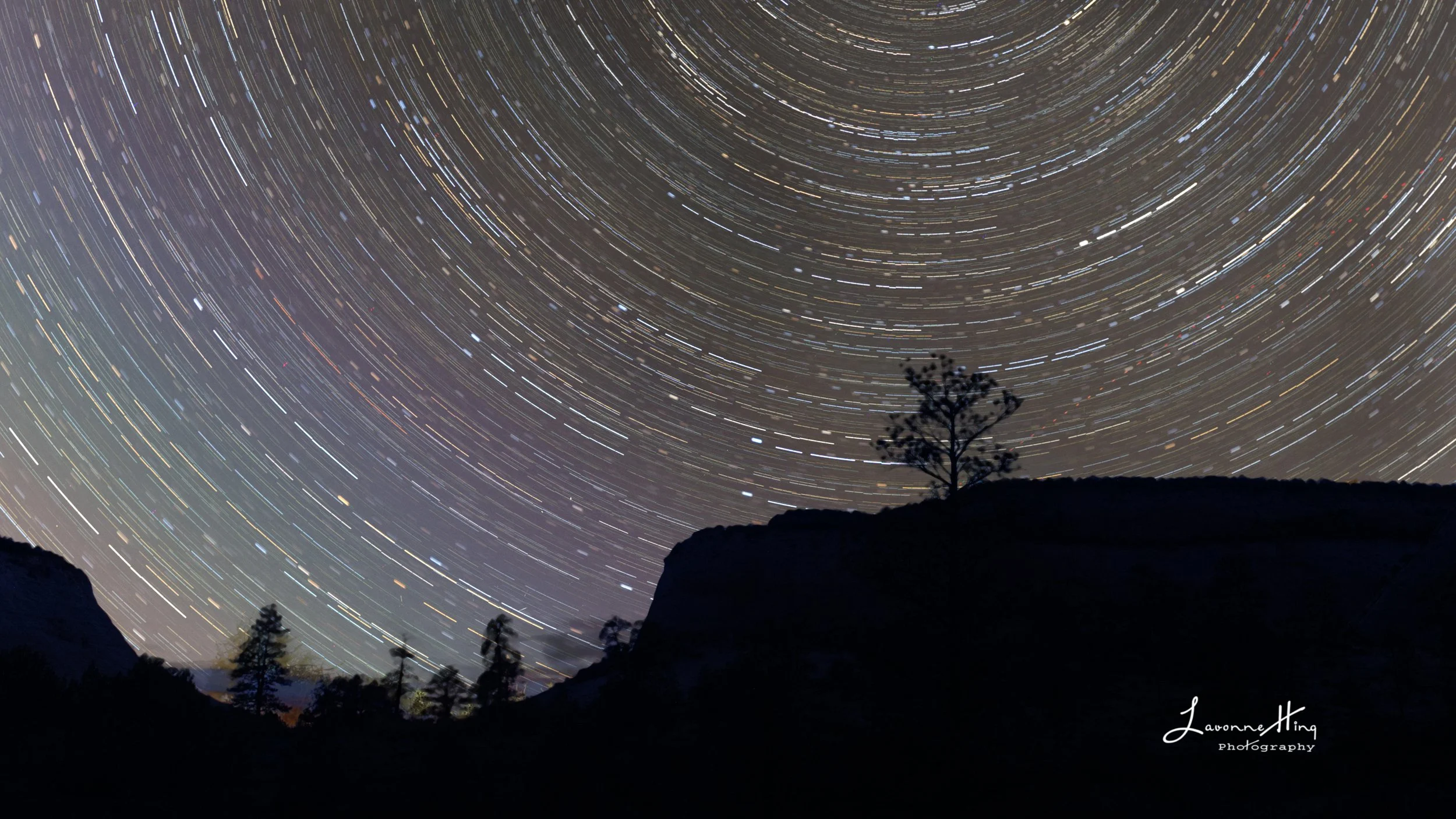 Zion Star Trails (Composite) 2025
Up to 30 3-minute exposures of the sky were blended to create the colorful star trails. Taken with a Nikon Z6ii camera and Sigma 35mm f/1.2 lens. Blended the star trails with the foreground of Zion National Park.