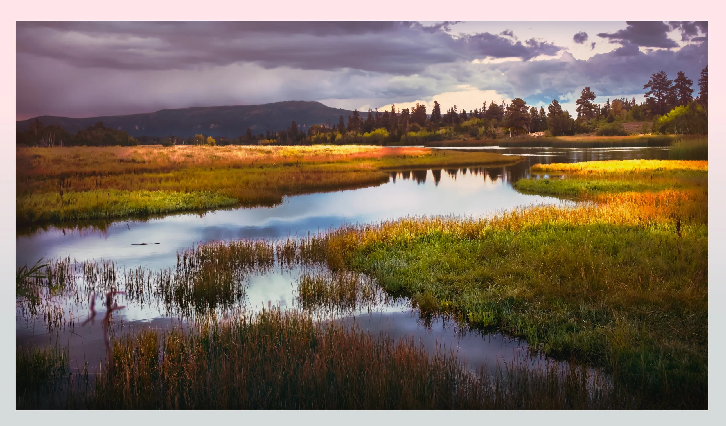A Perfect Night Begins 
Upper Zion NP stream flows quietly through a meadow at Sunset.  