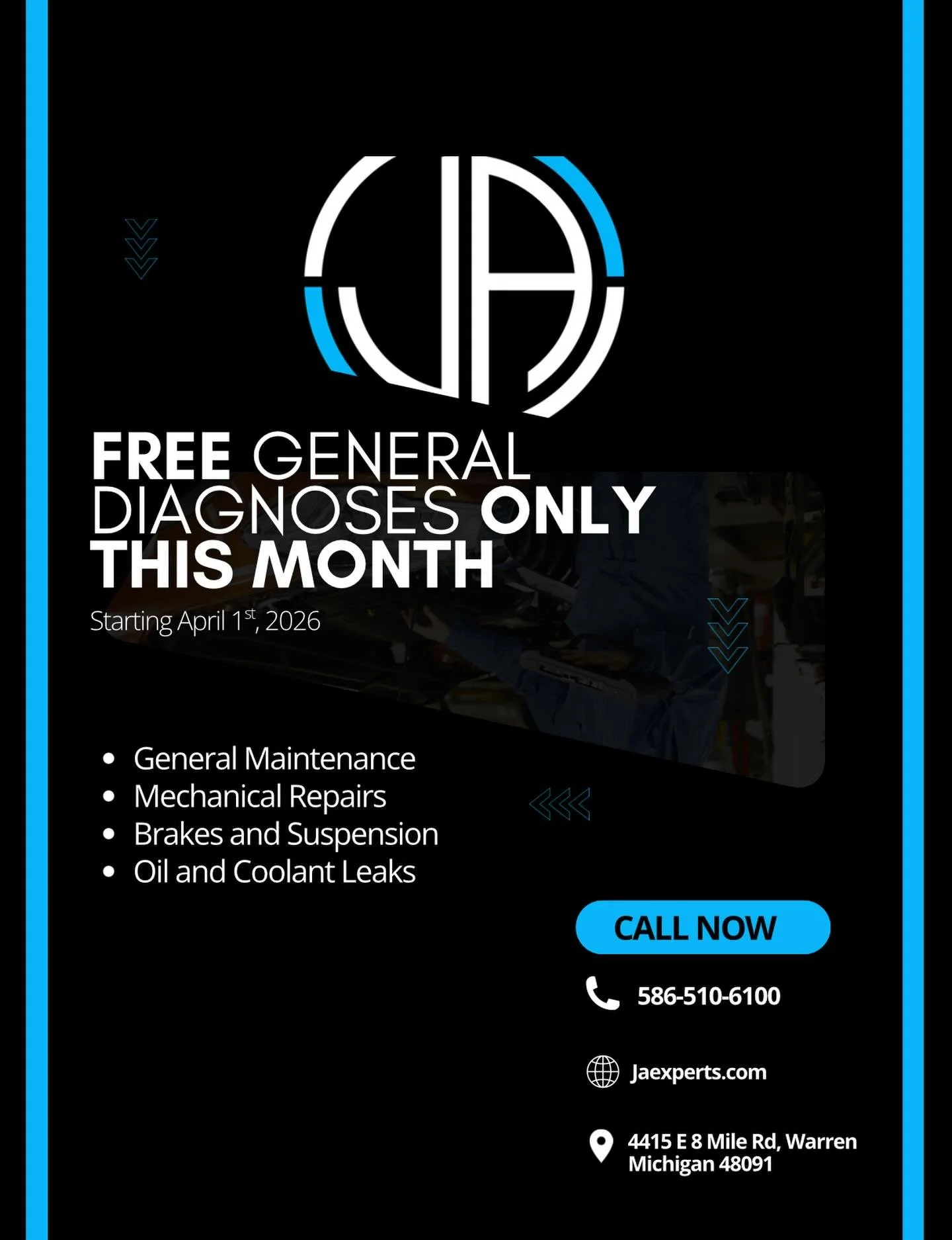 APRIL DEALS ✅

For the month of April we will remove the general diagnoses charge so you can get a FREE estimate 💰💸 Call for further information✅

Does not include :

- Electrical 
- Engine misfire 
- Any diagnostic test that requires removing part