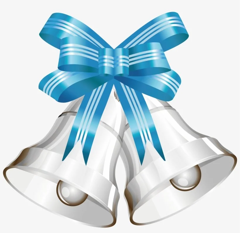 Two silver Christmas bells decorated with a large blue bow.