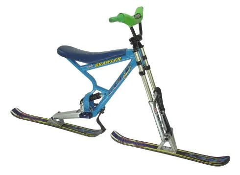A blue and black old school ski bike, designed for snow use.