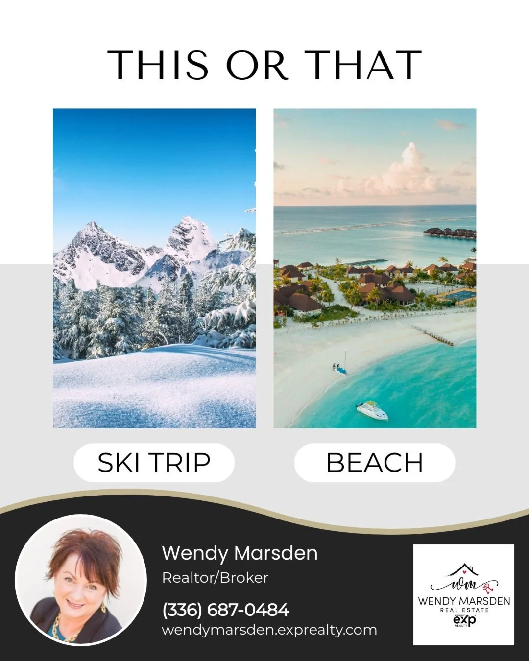 If an off-season trip is in your future, which destination are you headed to? Whether it's hitting the slopes or soaking in the sun, it's bound to be a good time!

#thisorthat #skitrip #beach #getaway #offseason #travel