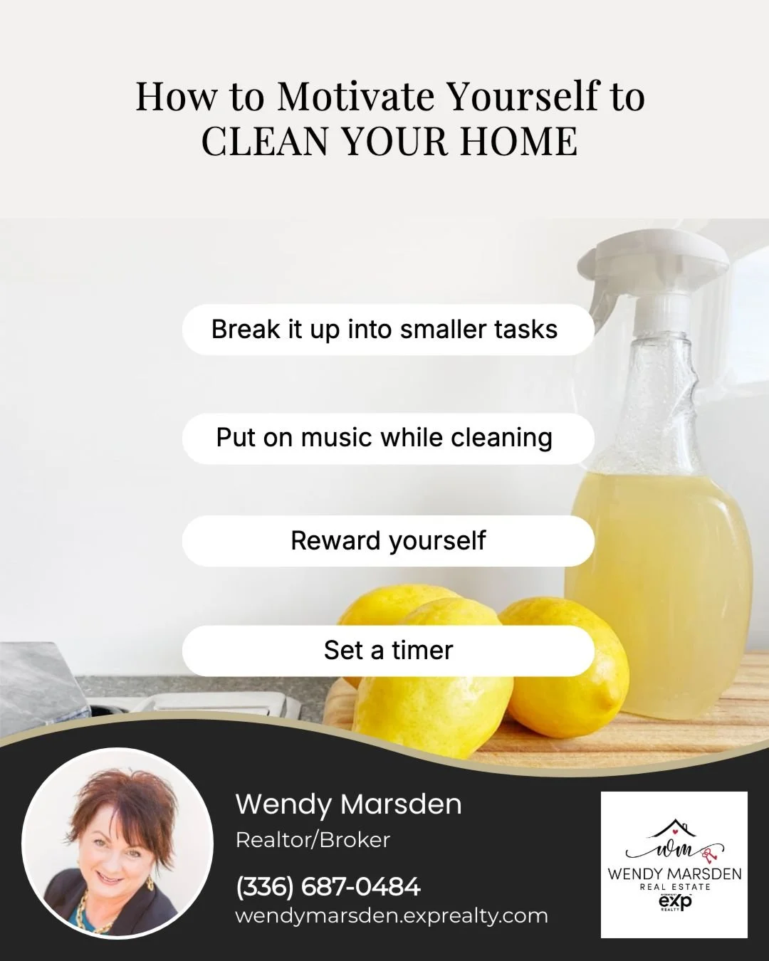Keeping your home clean doesn&rsquo;t have to feel overwhelming. Try these tips to stay motivated:

⏱️ Set a Timer &ndash; Focus on one area for a set time.
🛋️ Break It Up &ndash; Tackle one room or task at a time.
🎶 Play Music &ndash; Upbeat t