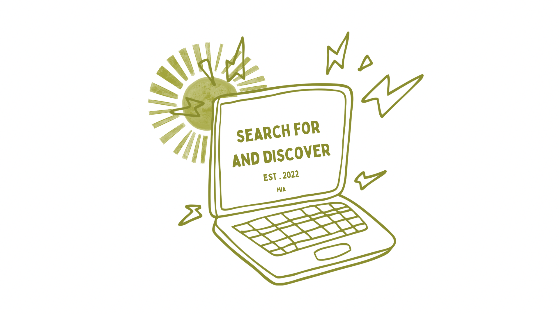 Illustration of a laptop with text "Search for and Discover Est. 2022 MIA," surrounded by abstract lightning bolts and a sunburst design.