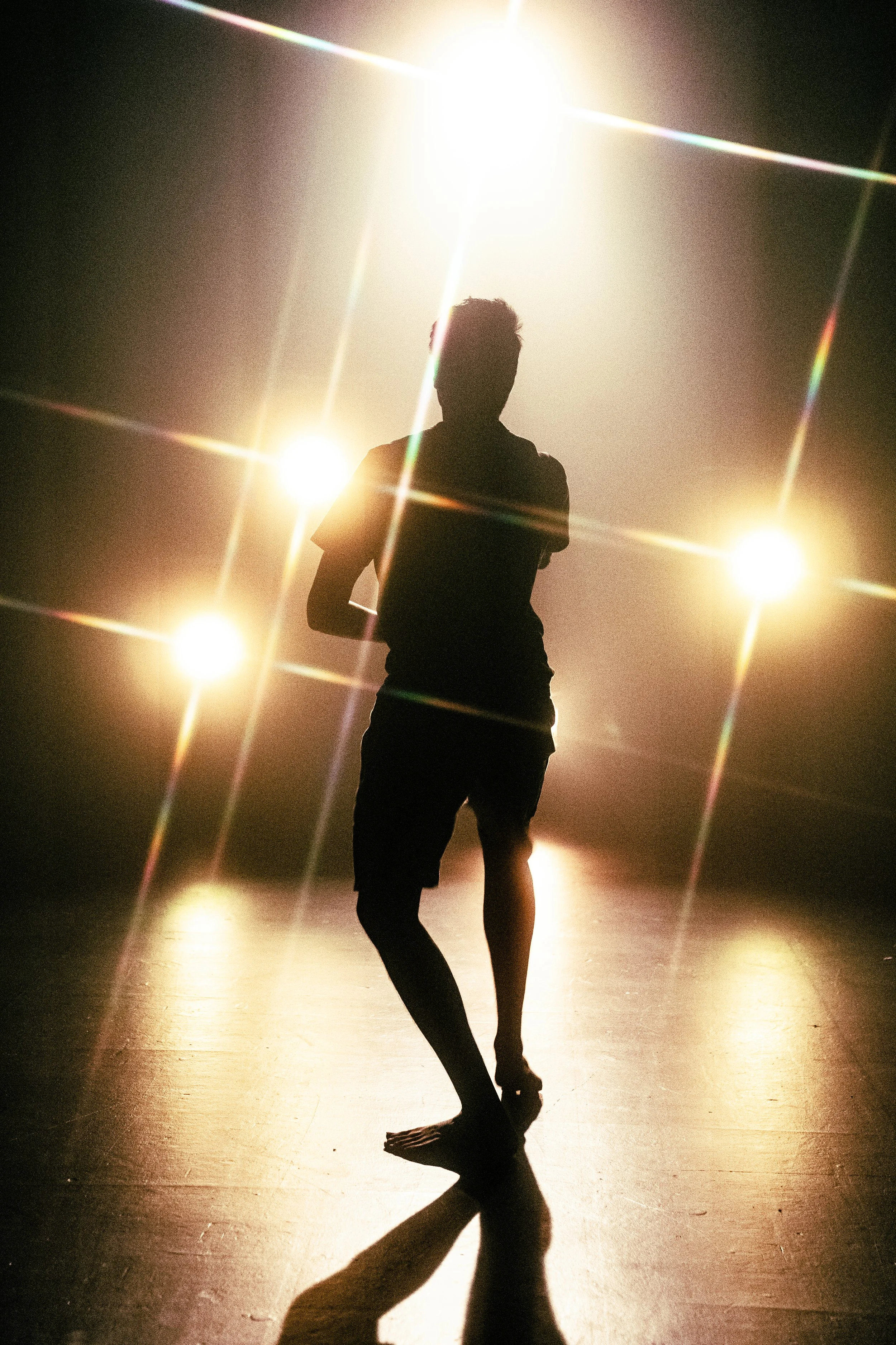 Silhouette of a person standing on a stage or dance floor with bright lights creating starburst effects behind. The person's reflection is visible on the floor.