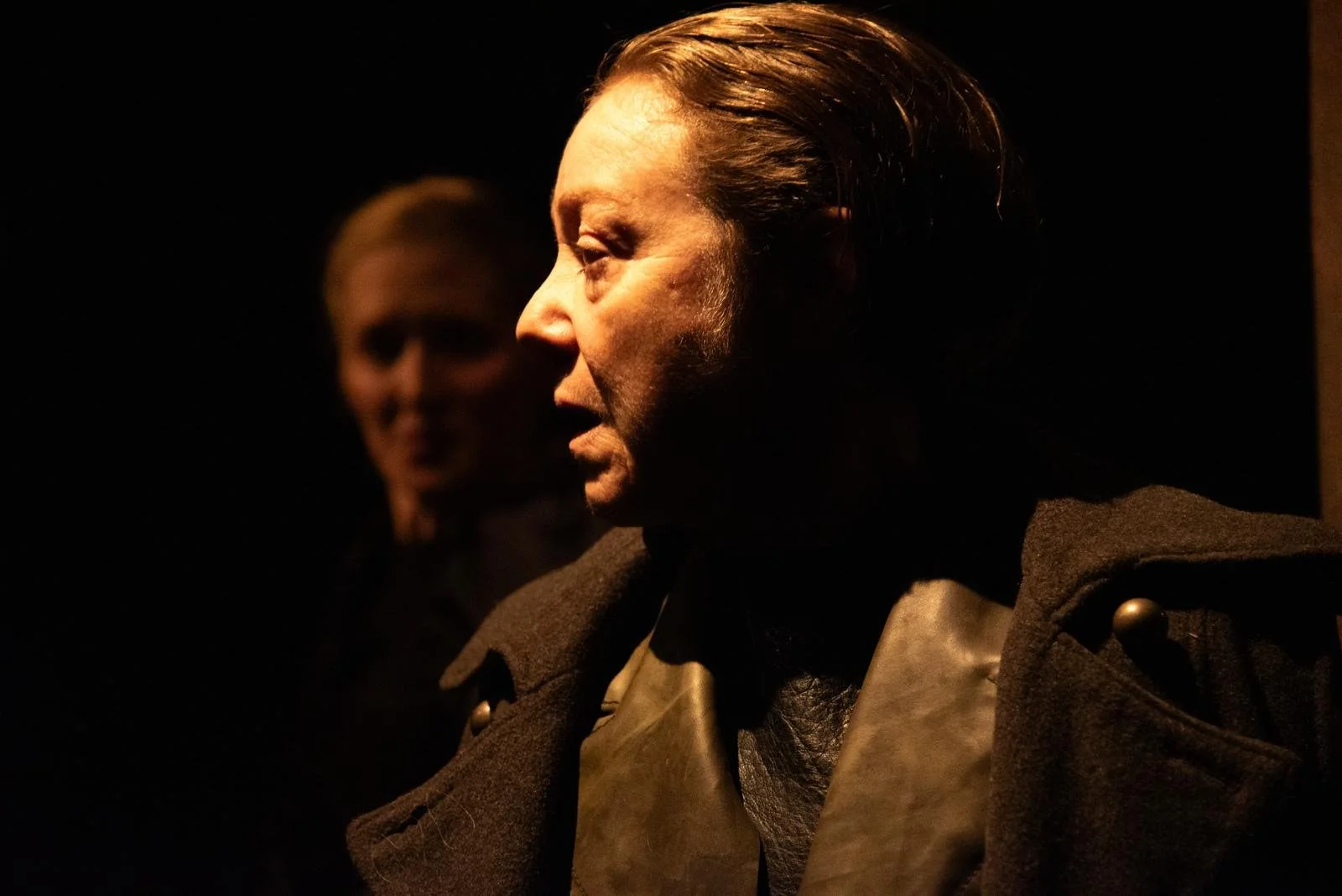 Profile of a woman in a dark setting, highlighted by warm lighting focusing on her face and hair, with another woman blurred in the background.