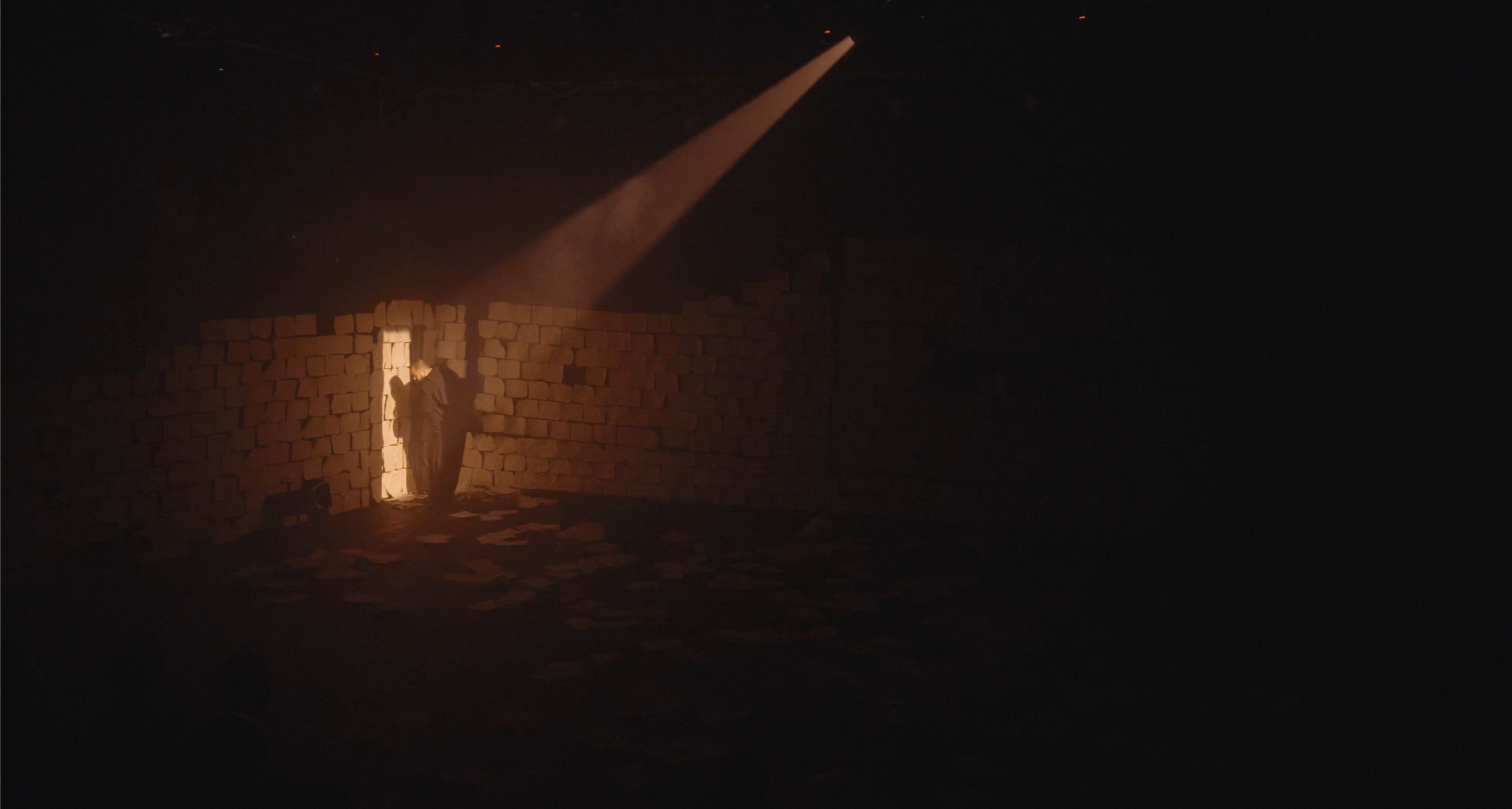 Two individuals standing in front of a brick wall, illuminated by a single spotlight in a dark room.
