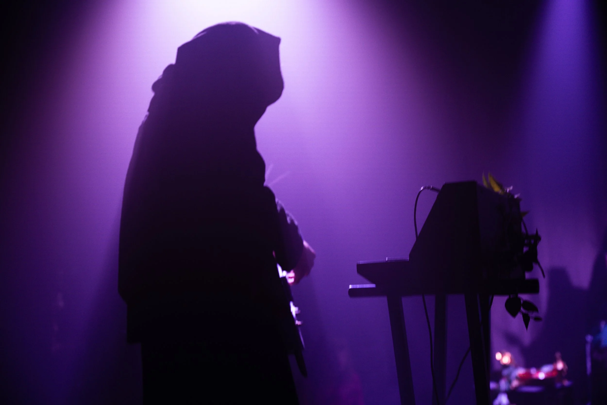Silhouette of a person with dreadlocks standing at a keyboard on stage, illuminated by purple stage lights.