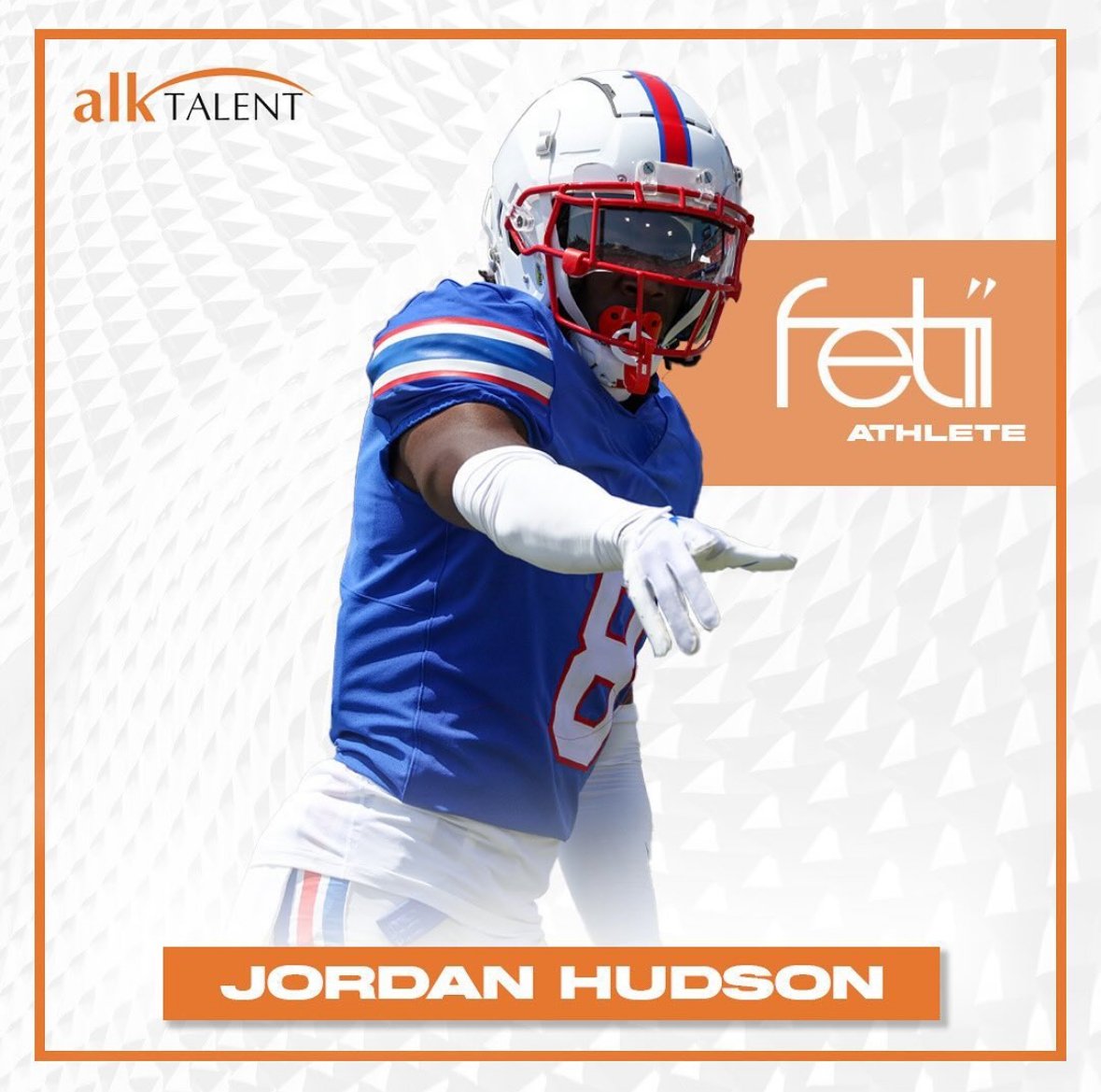 Football player in blue uniform and helmet pointing, with 'feti' athlete logo and 'JORDAN HUDSON' text.