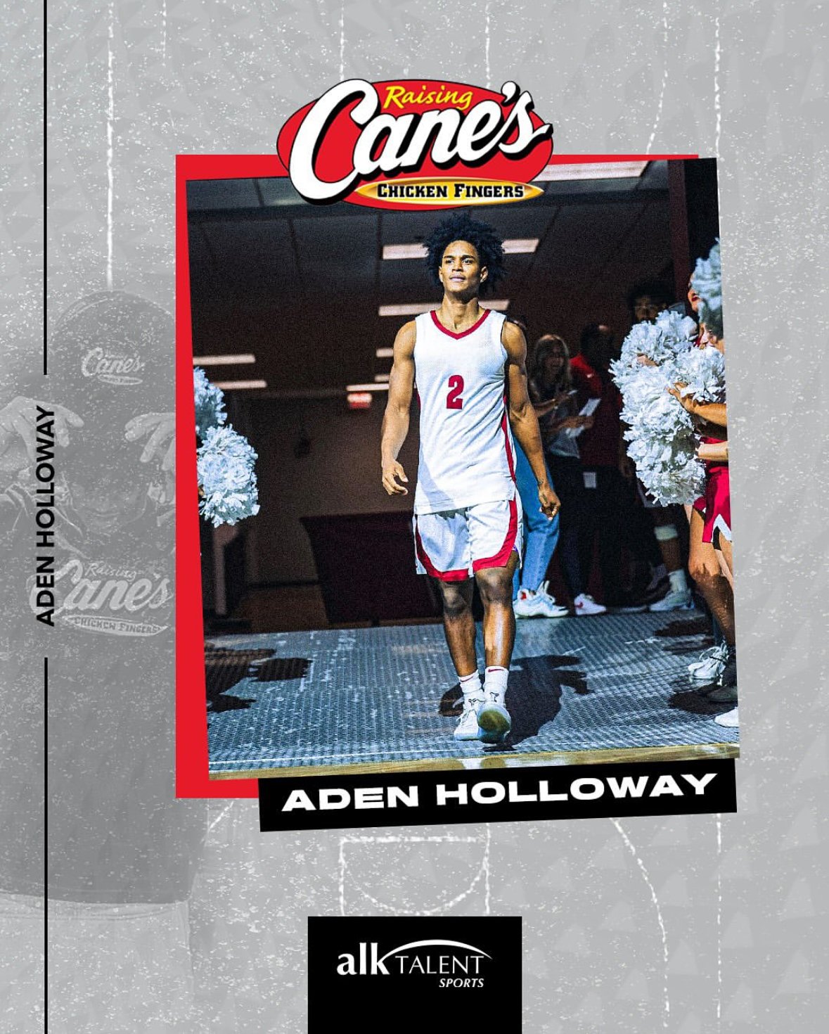 Basketball player wearing number 2 jersey walks through tunnel with cheerleaders holding pom-poms. Raising Cane's Chicken Fingers logo and "Aden Holloway" text featured.