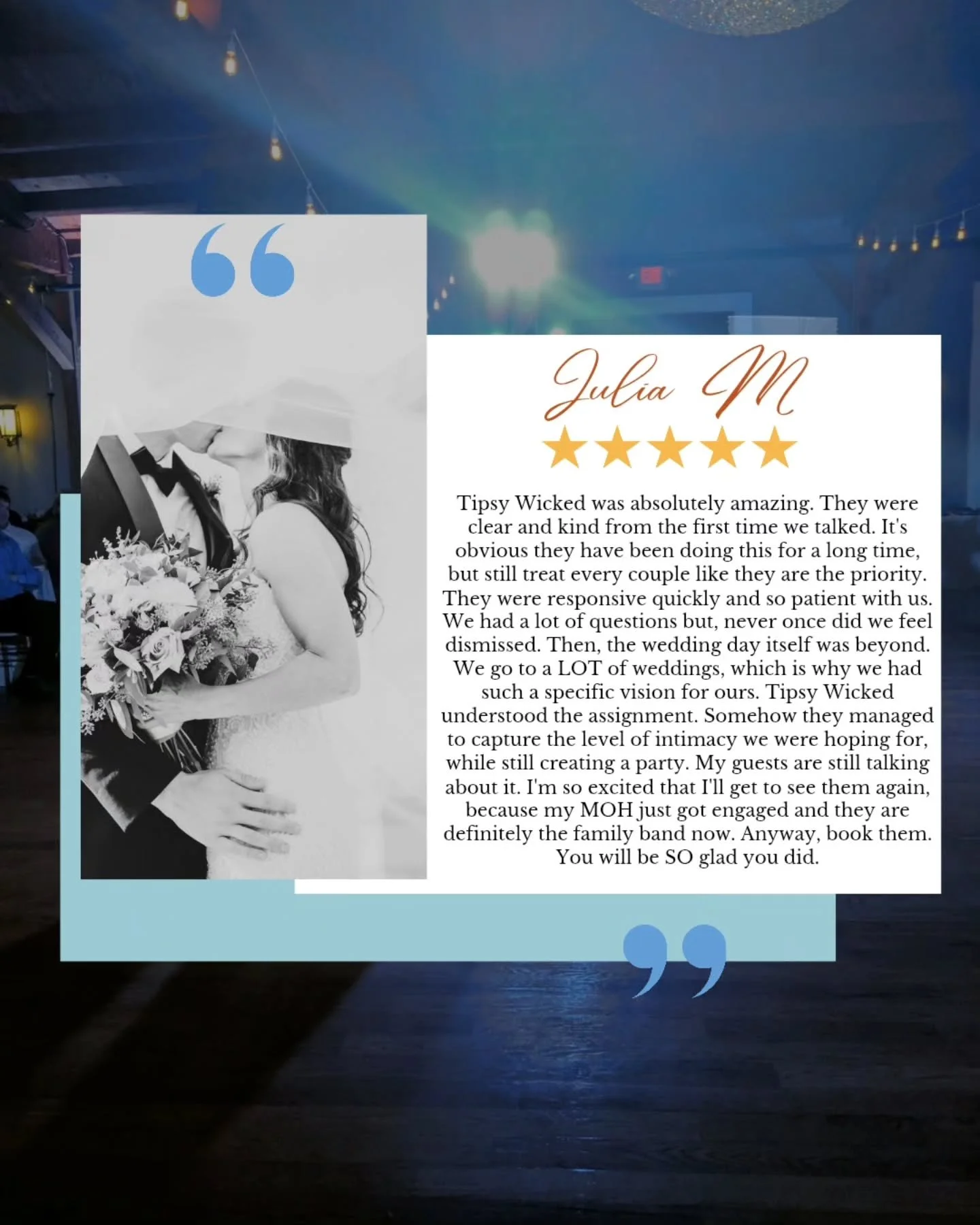 What is there to say but thank you for these kind words! We love what we do and we are so grateful to be the soundtrack to so many love stories.❤️
