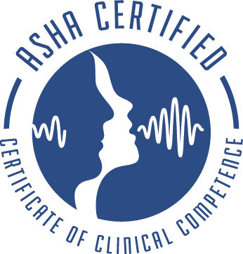 ASHA Certified Certificate of Clinical Competence logo, featuring a blue circle with a white silhouette of a face and soundwaves.