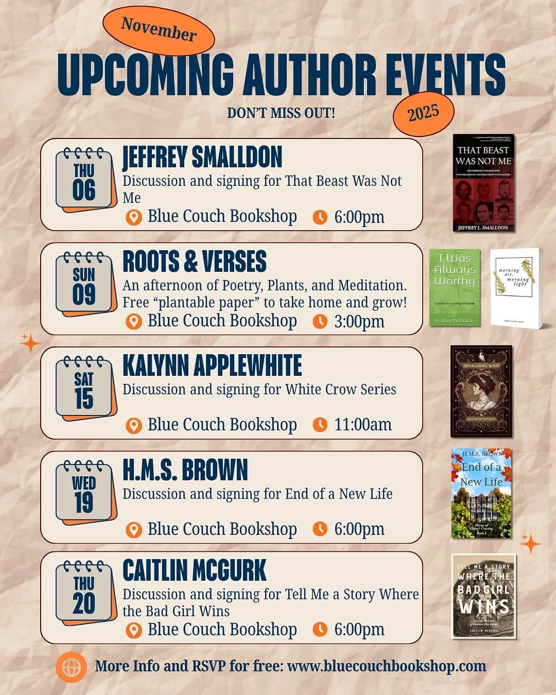 November is approaching quickly! π
We have so many exciting author events coming up. Don’t miss out! πβοΈ
RSVP for free on Eventbrite - link in bio!