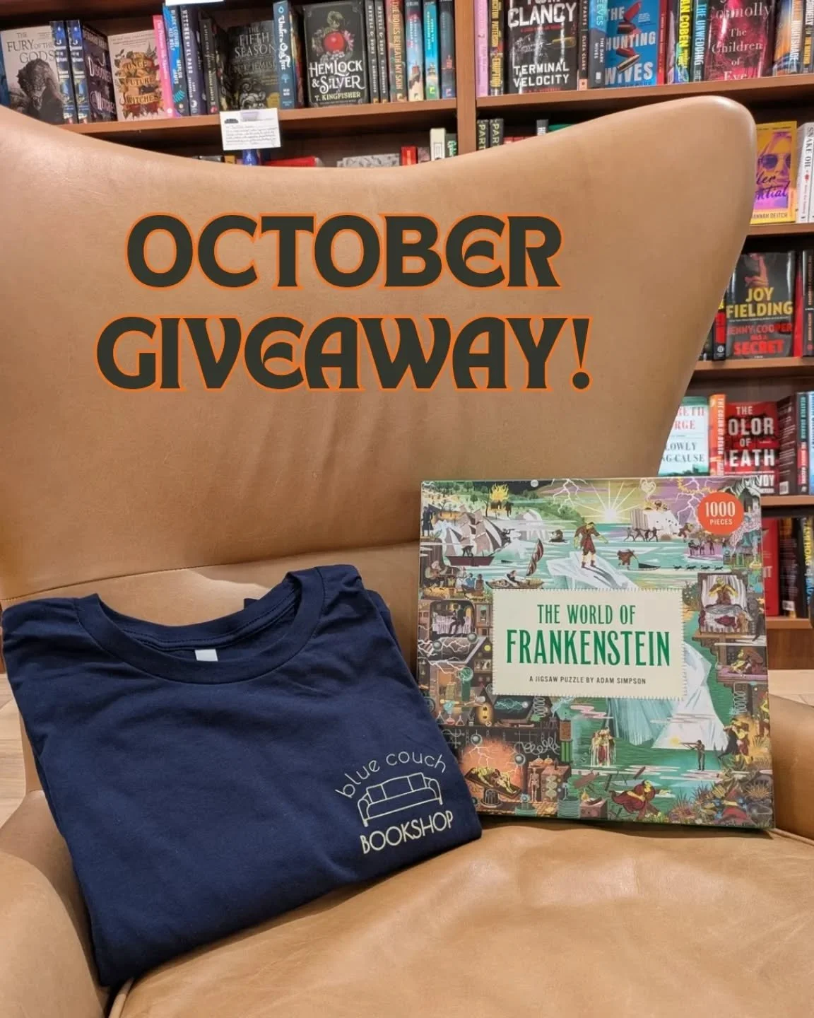 October Giveaway! π§‍βοΈπ§©
In honor of spooky season and the classic gothic novel by Mary Shelley, we are giving away one 'The World of Frankenstein' puzzle and a Blue Couch Bookshop long-sleeve t-shirt to keep you cozy this fall. How to enter:
