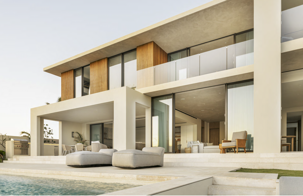 Modern multi-story house with a pool, outdoor seating area, large glass windows, and wooden accents.