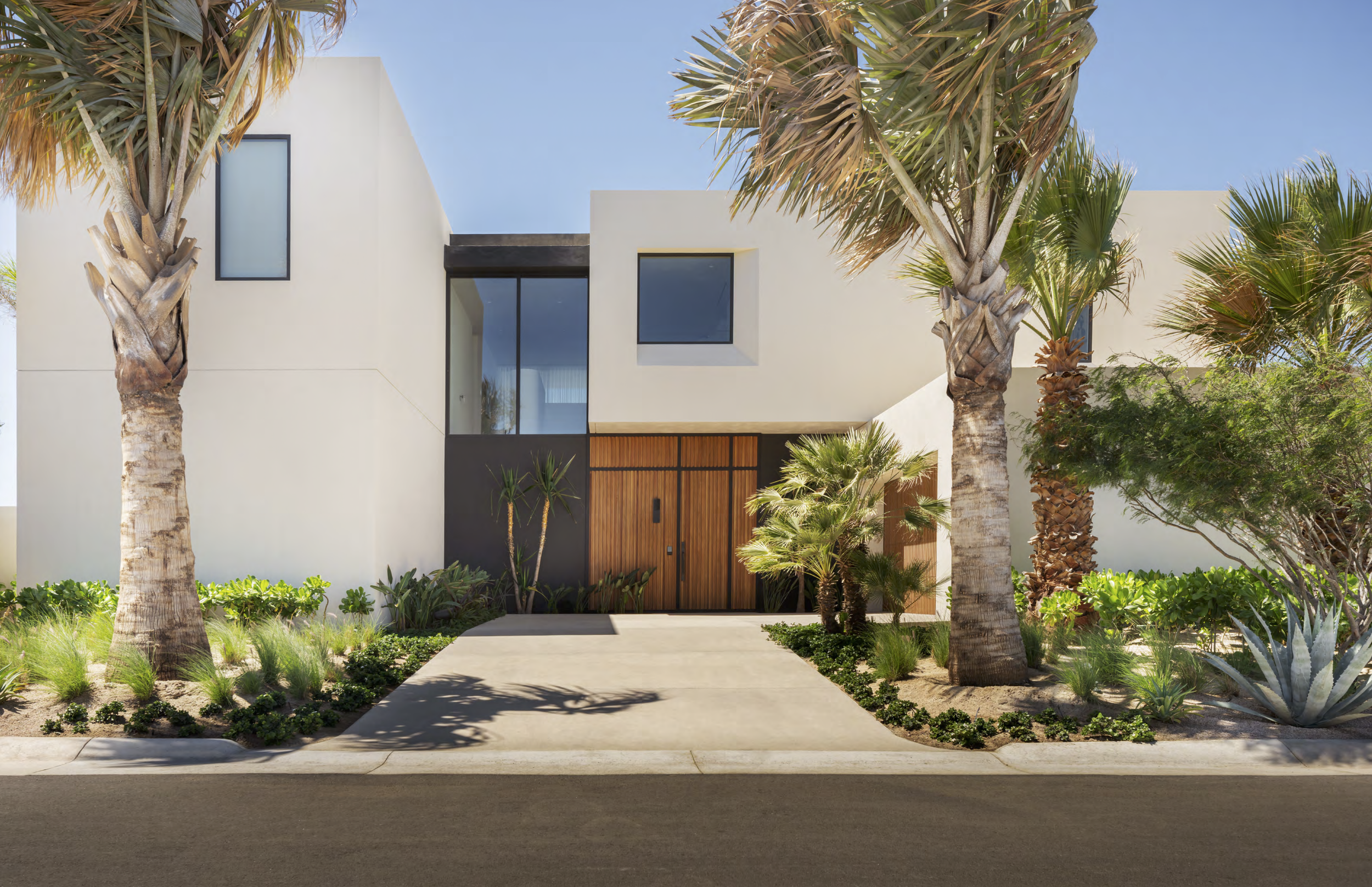 Front view of a modern house with white exterior walls, large glass windows, wooden doors, and surrounded by palm trees and desert plants under a clear blue sky.