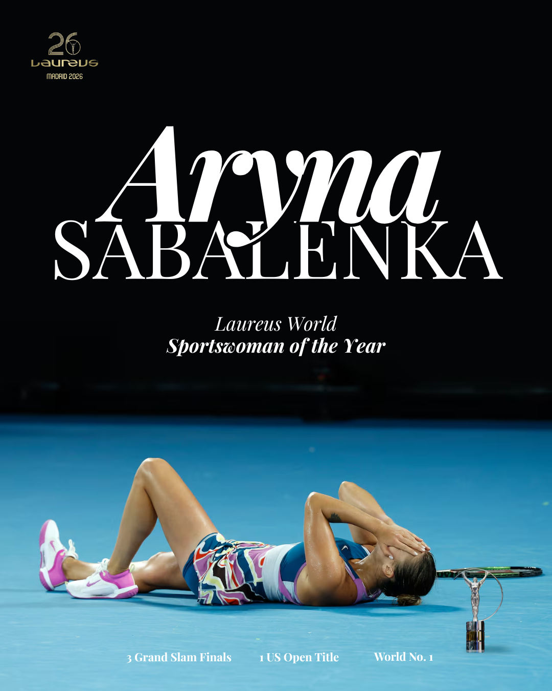 A celebration of Aryna Sabalenka's Laureus World Sportswoman of the Year award, blending editorial typography with a dark, high-contrast aesthetic to match the gravity of the achievement.