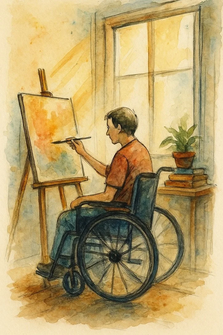 A person in a wheelchair painting on a canvas in a sunlit room.