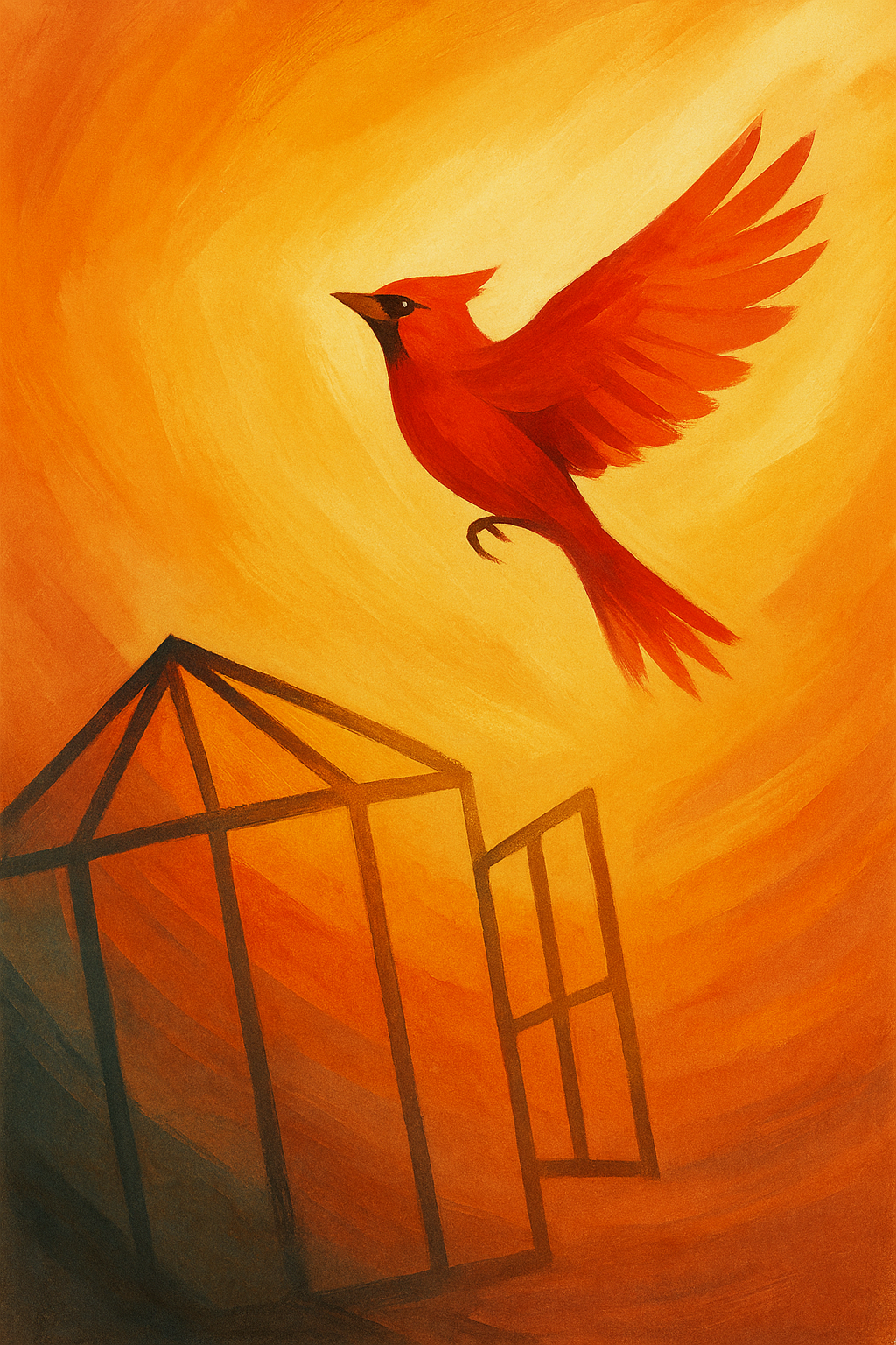 A stylized painting of a red cardinal bird flying above an outline of a house, with a swirling yellow and orange background.