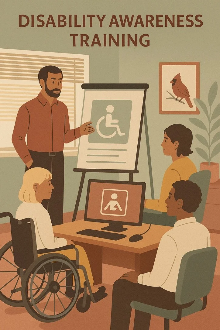 Illustration of a disability awareness training session with a male instructor pointing at a visual aid of a wheelchair symbol, and three participants including a woman in a wheelchair, a woman with dark short hair, and a man with curly hair, in a classroom setting with plant and bird picture.