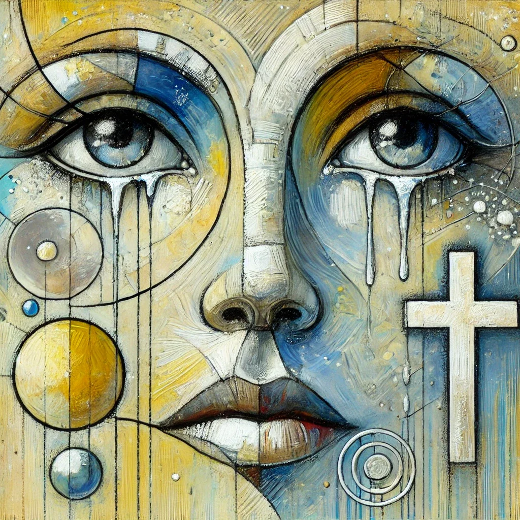 Abstract portrait of a woman's face with blue and yellow hues, featuring large expressive eyes with tears, and various geometric shapes and symbols including a cross and circles surrounding her face.