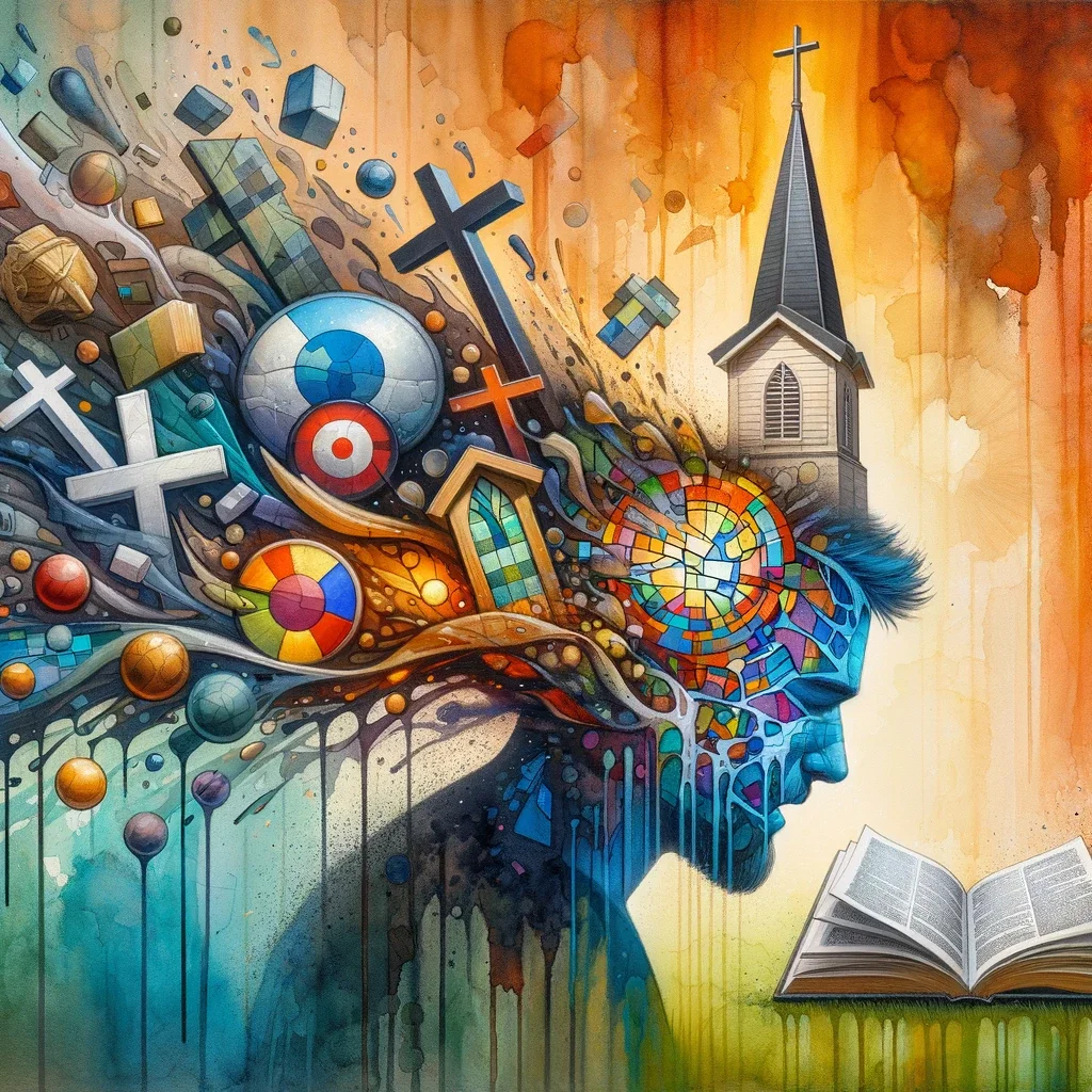 Colorful abstract mural of a person's profile with watercolors, geometric shapes, crosses, church steeple on the head, and an open book at the bottom right.