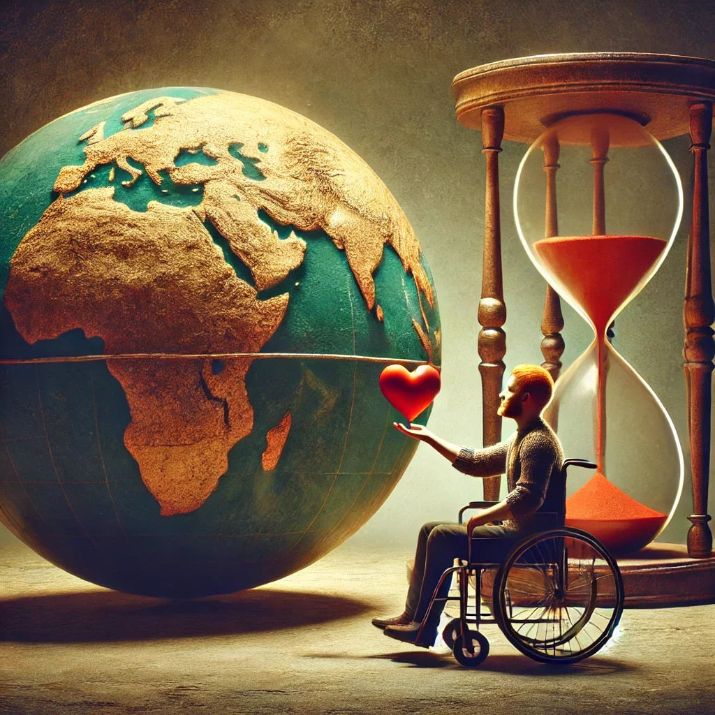 A person in a wheelchair holds a heart-shaped object in front of a large globe, an hourglass filled with orange sand, and a large clock with a wooden frame.