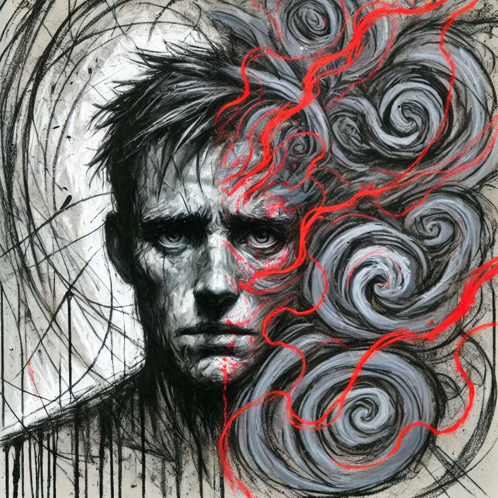 Black and white portrait of a young man with intense eyes, with swirling gray and black clouds and red lightning surrounding his head.