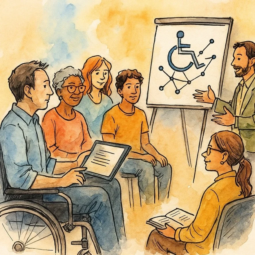 A diverse group of five people, including a person in a wheelchair, attending a presentation about accessibility, with a speaker pointing at a chart showing a person in a wheelchair and disability-related data on a whiteboard.