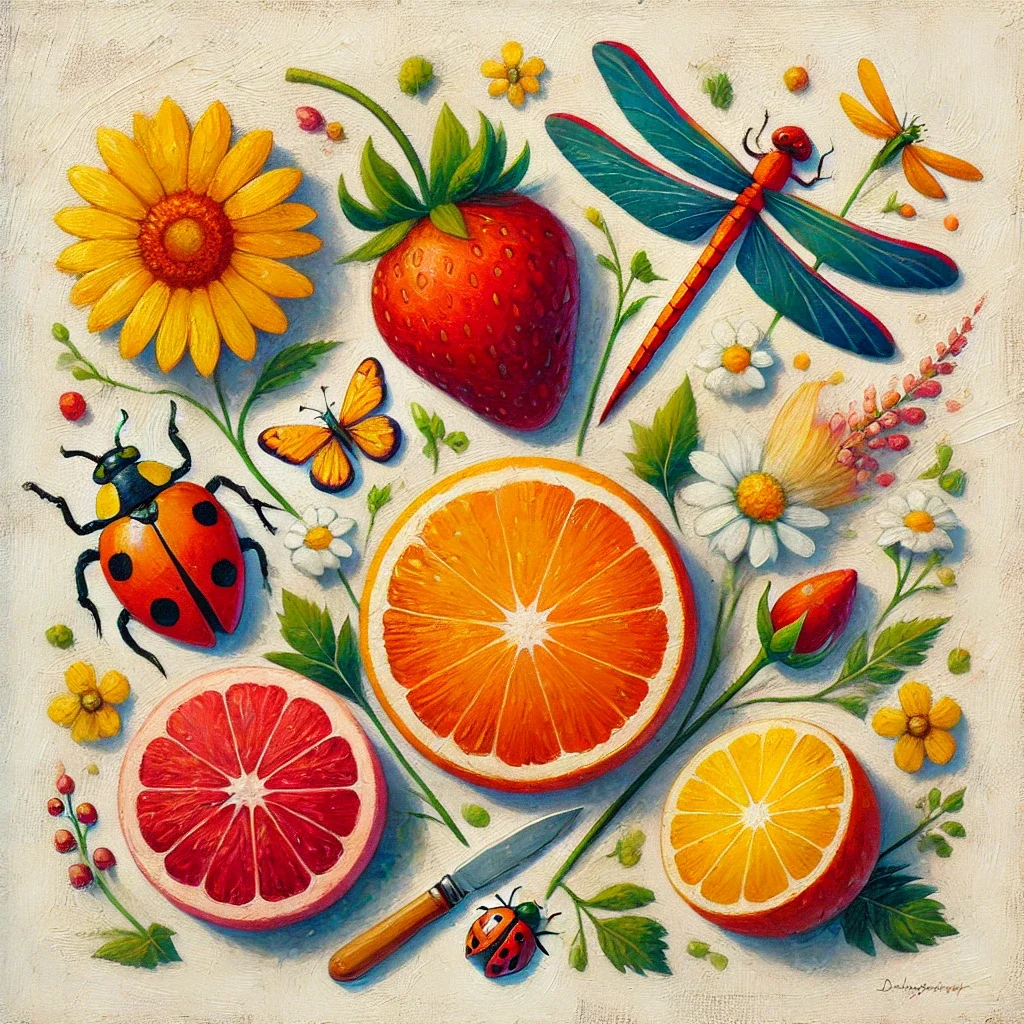 A colorful painting of various fruits, insects, and flowers, including a sliced orange, grapefruit, lemon, a whole strawberry, a dragonfly, ladybugs, butterflies, and daisies. The background is a light, textured surface.
