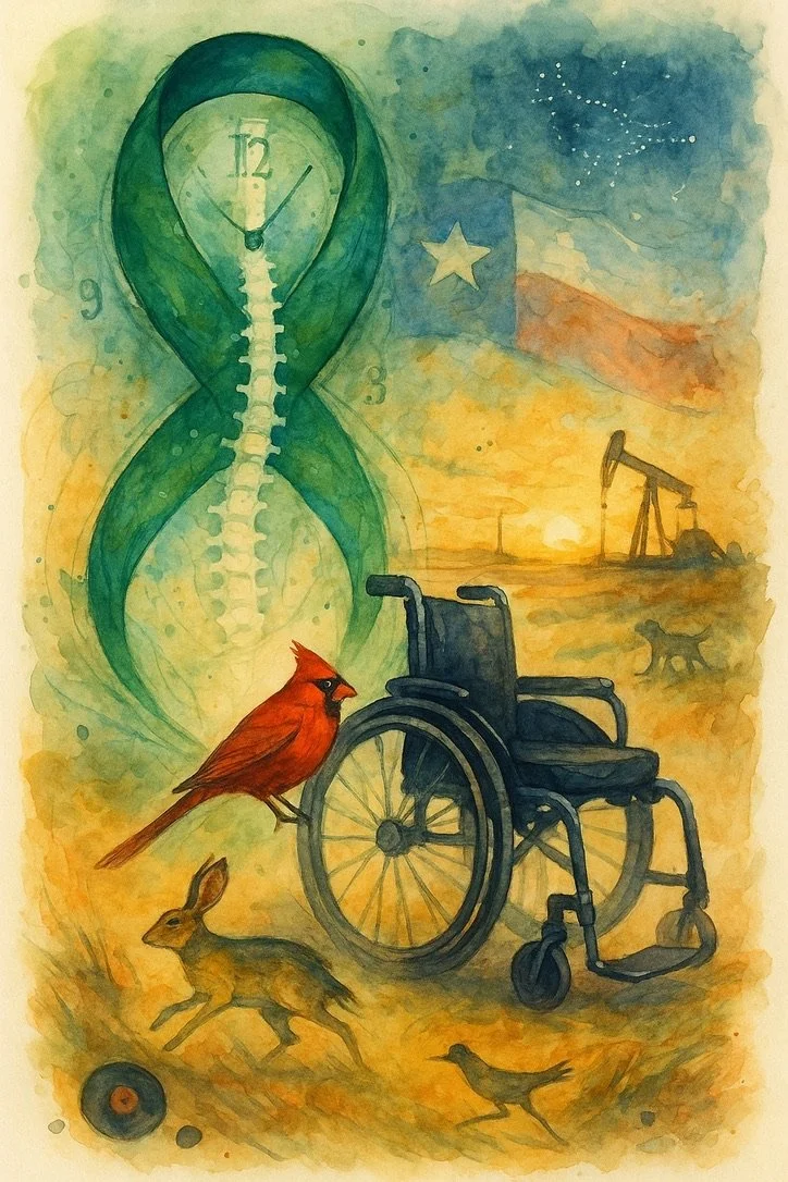 A watercolor painting with a wheelchair and a large hourglass in the background. The scene includes a red cardinal perched on the wheelchair's armrest, a rabbit on the ground near a vinyl record, and small birds and a dog walking in the scene. The ba