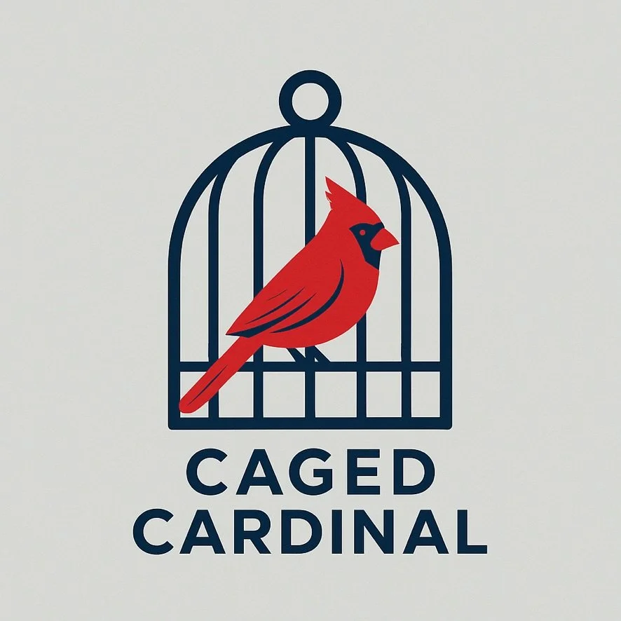 A logo with a red cardinal bird inside a blue cage, and the words "Caged Cardinal" written below.