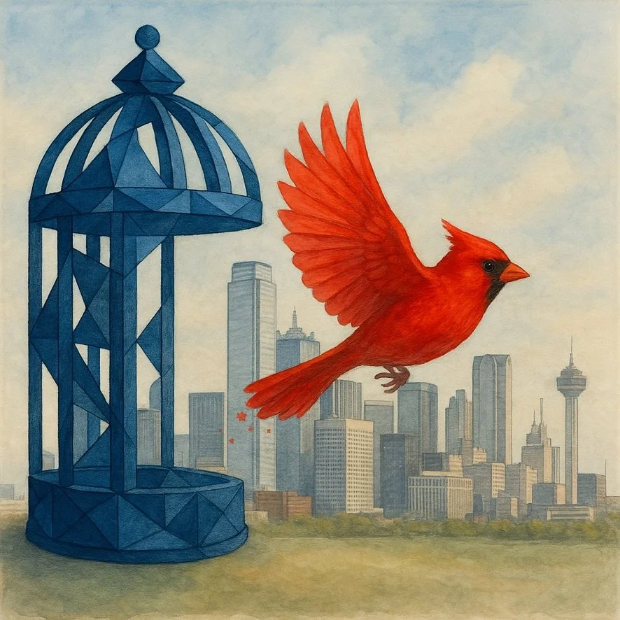 A painting of a city skyline with a large blue cage on the left and a vibrant red cardinal flying in the foreground.