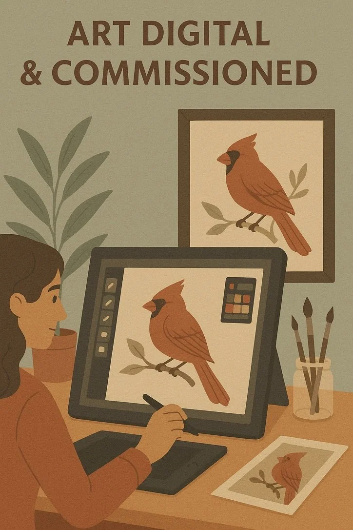 An artist working on digital artwork of a cardinal bird on a drawing tablet, with a framed print of the same bird hanging on the wall behind, and art supplies on the desk.