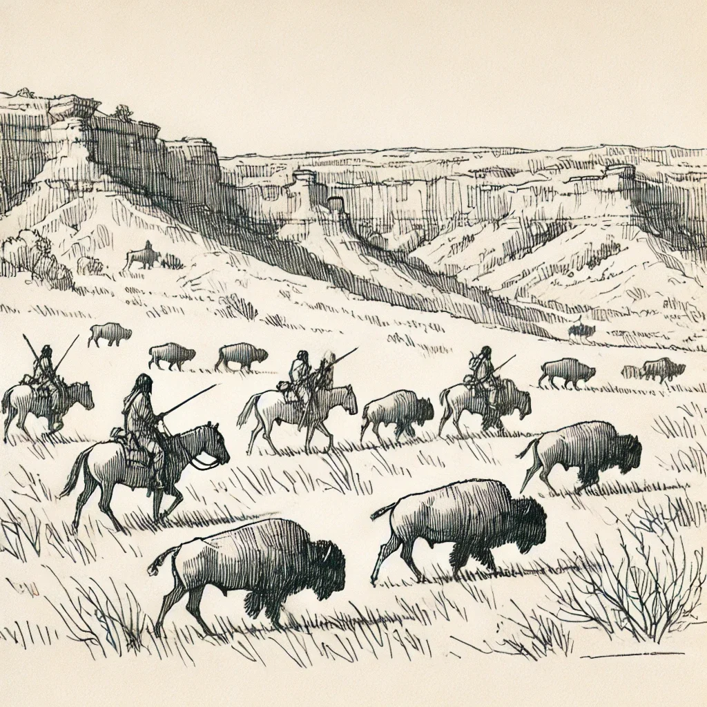 Sketch of cowboys riding horses and herding bison in a landscape with cliffs in the background.