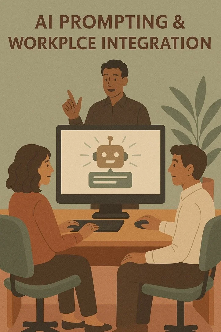 Illustration of a group discussing AI prompting and workplace integration. One person stands behind a computer with a robot icon on the screen, while two others sit at the desk, engaging with the computer.