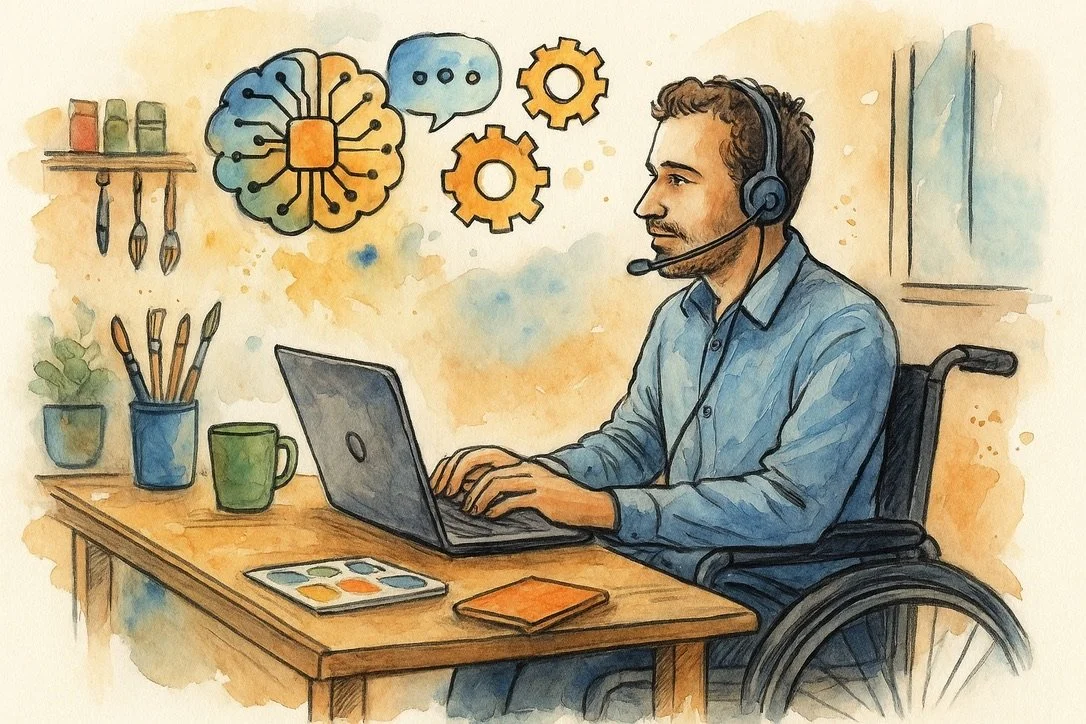 A watercolor illustration of a man in a wheelchair working on a laptop with a headset. The background has icons representing brain activity, speech bubbles, and gears, suggesting thinking, communication, and problem-solving.
