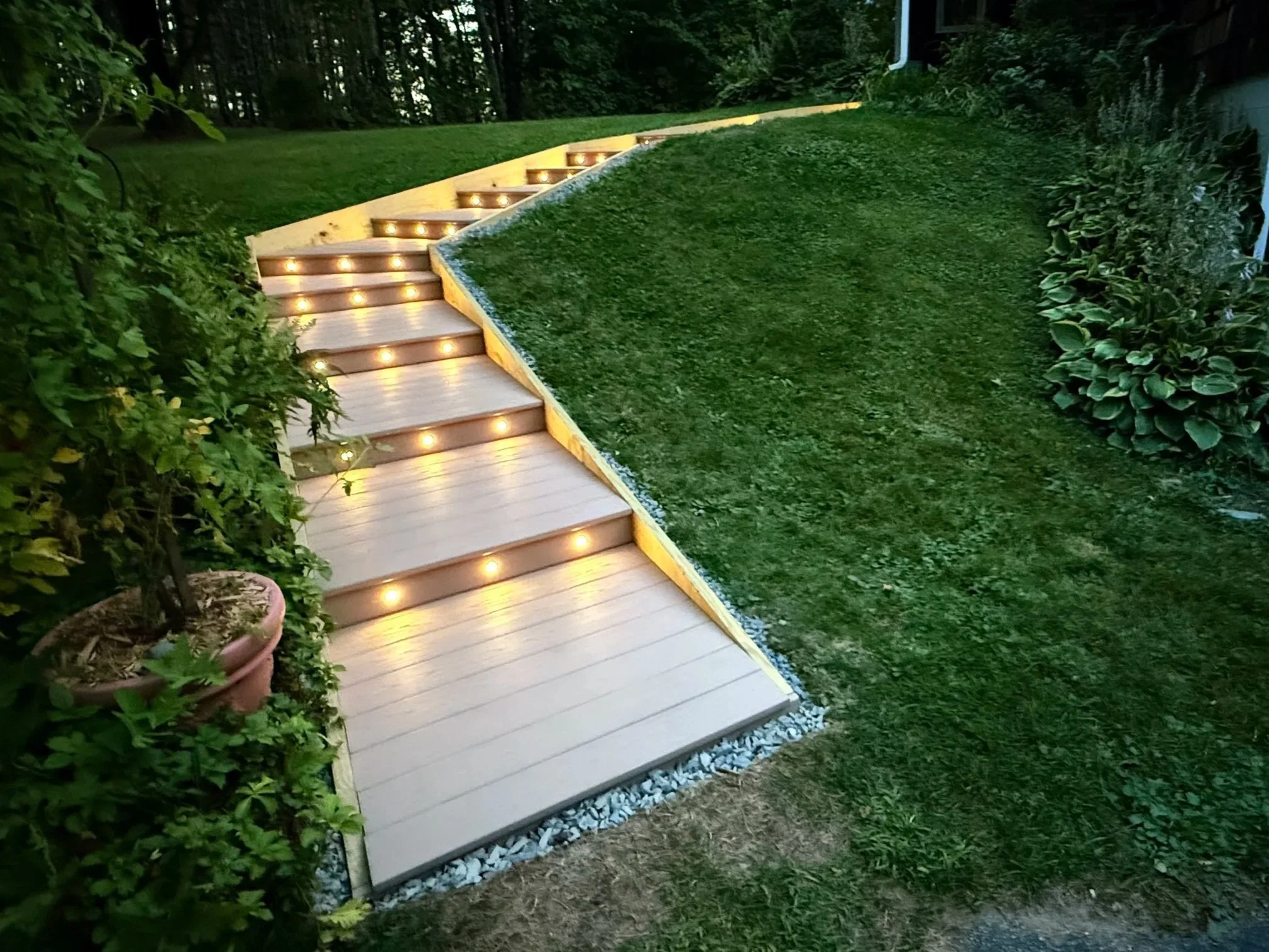 Lighted outdoor staircase in Underhill Vermont