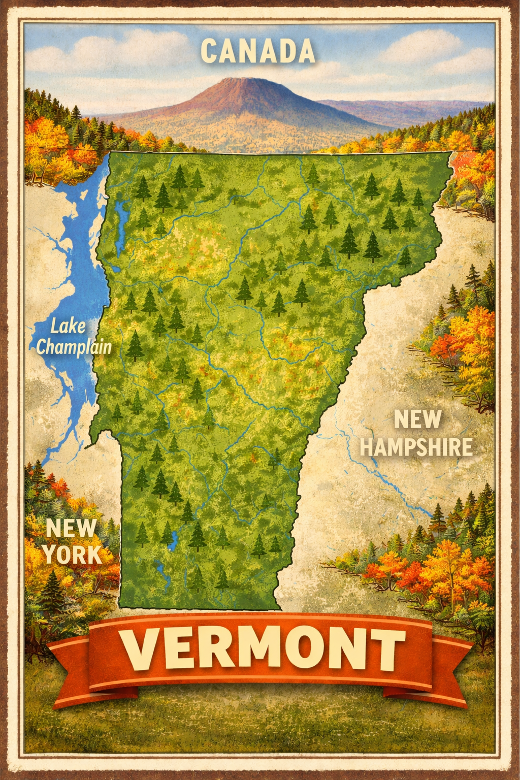 Map of Vermont highlighting lakes, forests, and neighboring states, with a mountain in the background and autumn foliage.