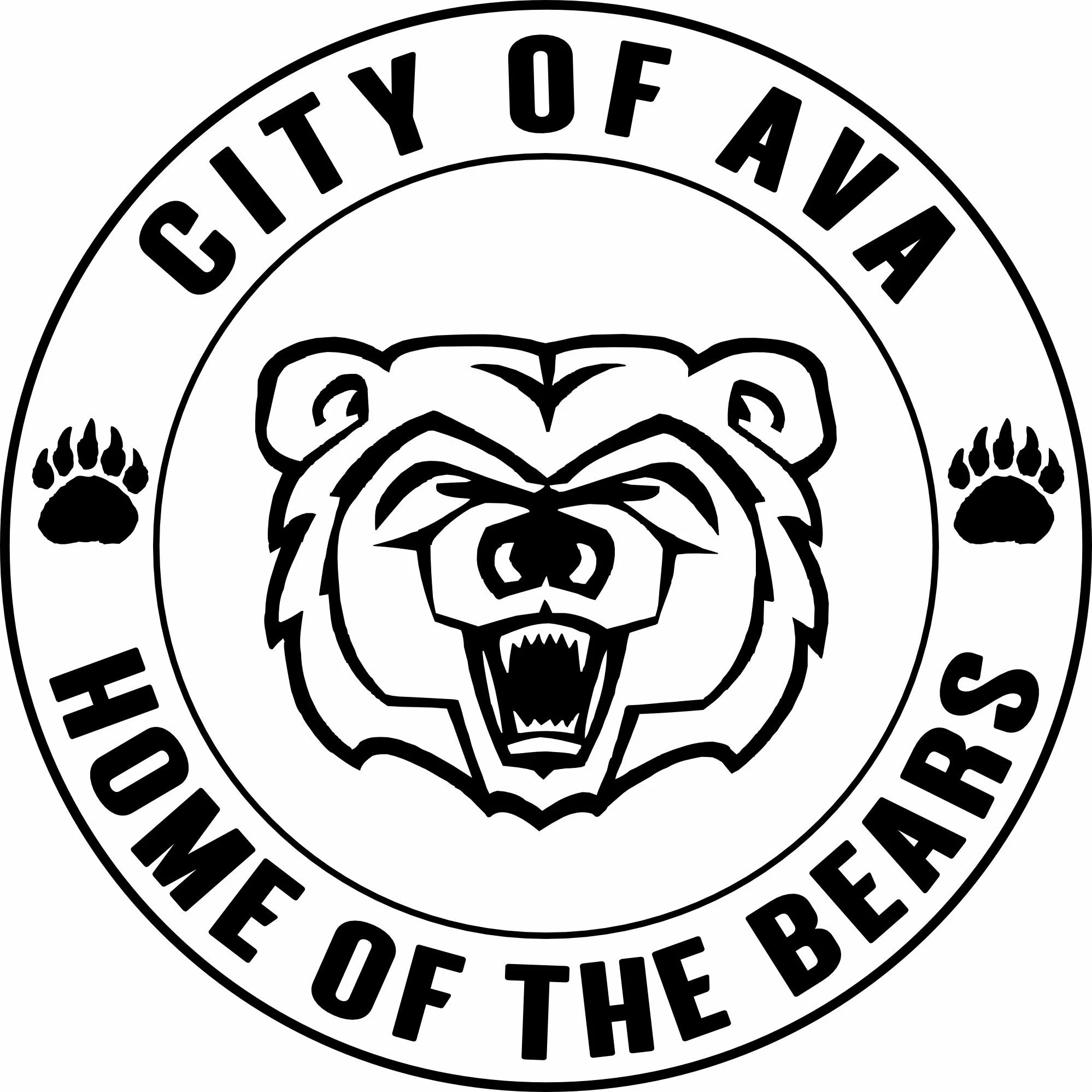 Emblem with a bear's face in the center, surrounded by the text 'City of Ava' at the top and 'Hometown of the Bears' at the bottom, with bear paw prints on either side.