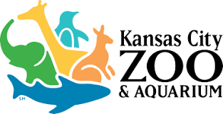 Kansas City Zoo & Aquarium logo featuring silhouettes of a giraffe, a bird, a kangaroo, and a whale.