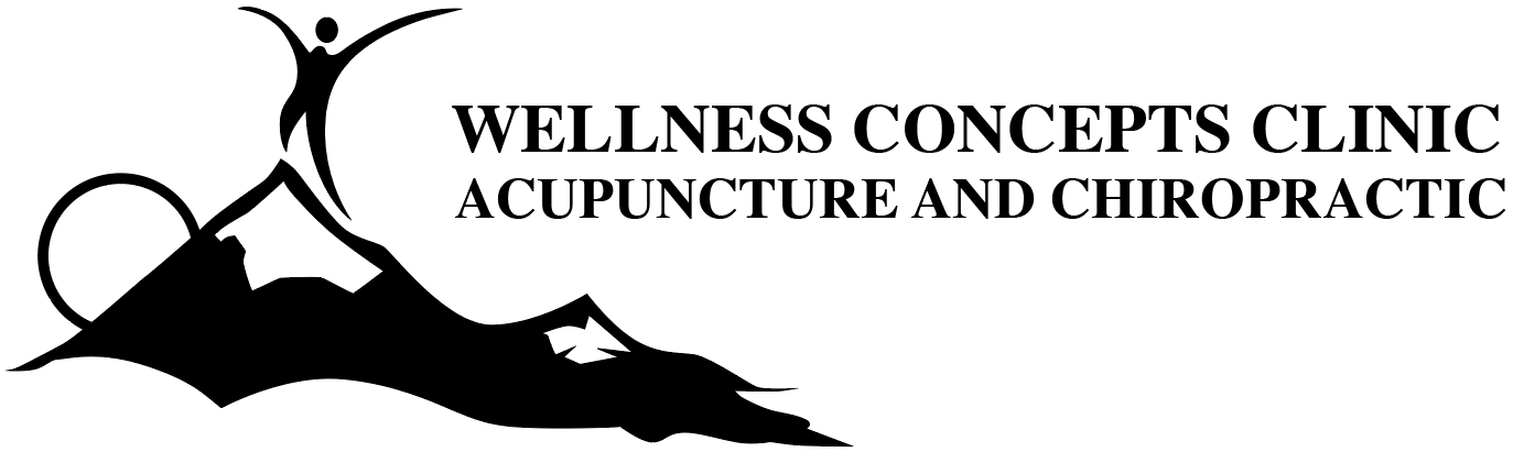Logo for Wellness Concepts Clinic, featuring a stylized person jumping over a mountain with a sun or moon in the background, along with the text 'Wellness Concepts Clinic Acupuncture and Chiropractic'.
