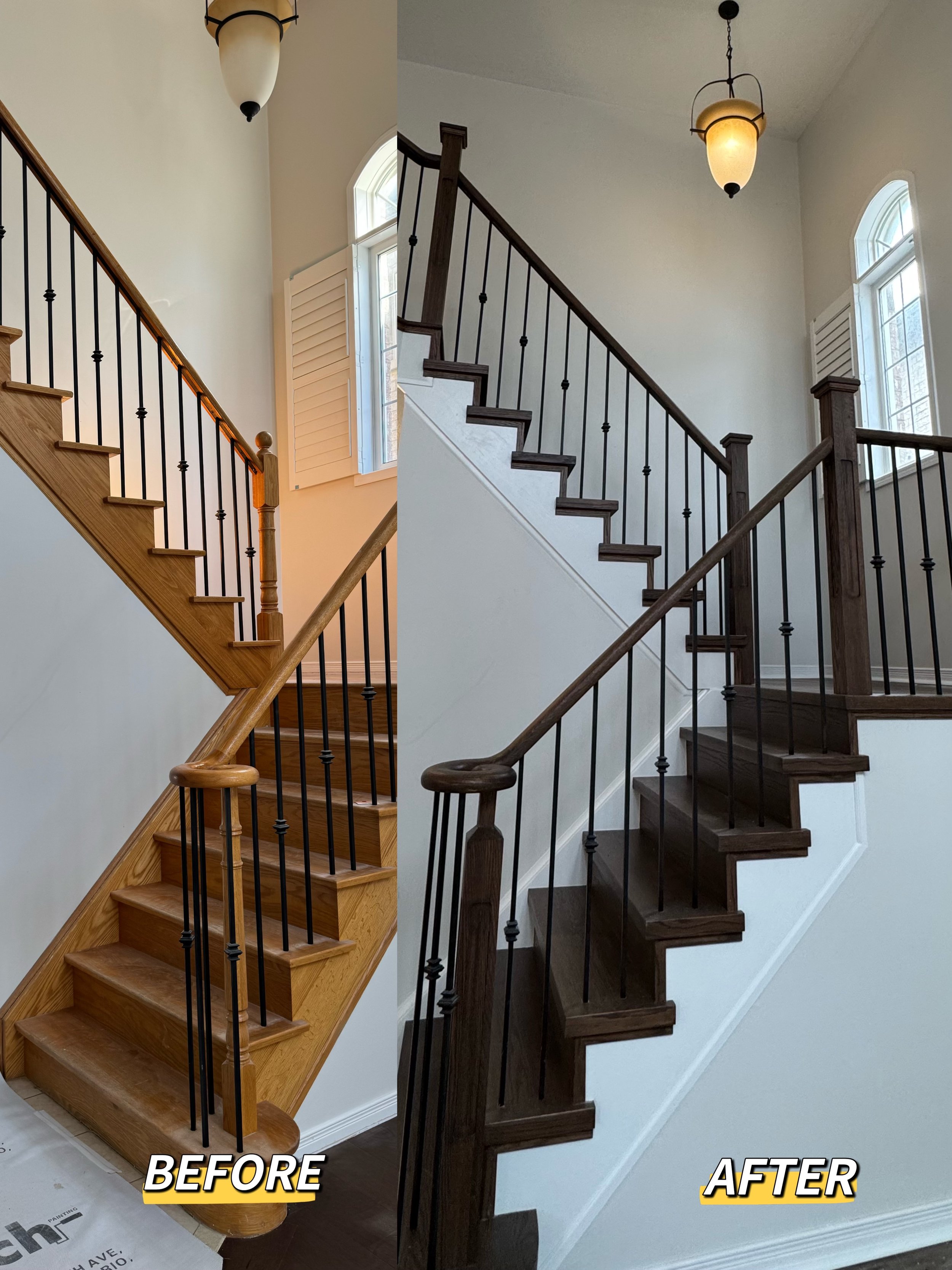 Comparison of a staircase before and after refinishing. The left side shows a staircase with light wood steps and handrail, and black metal balusters. The right side shows the same staircase with dark stain on the wood, matching the balusters, and th