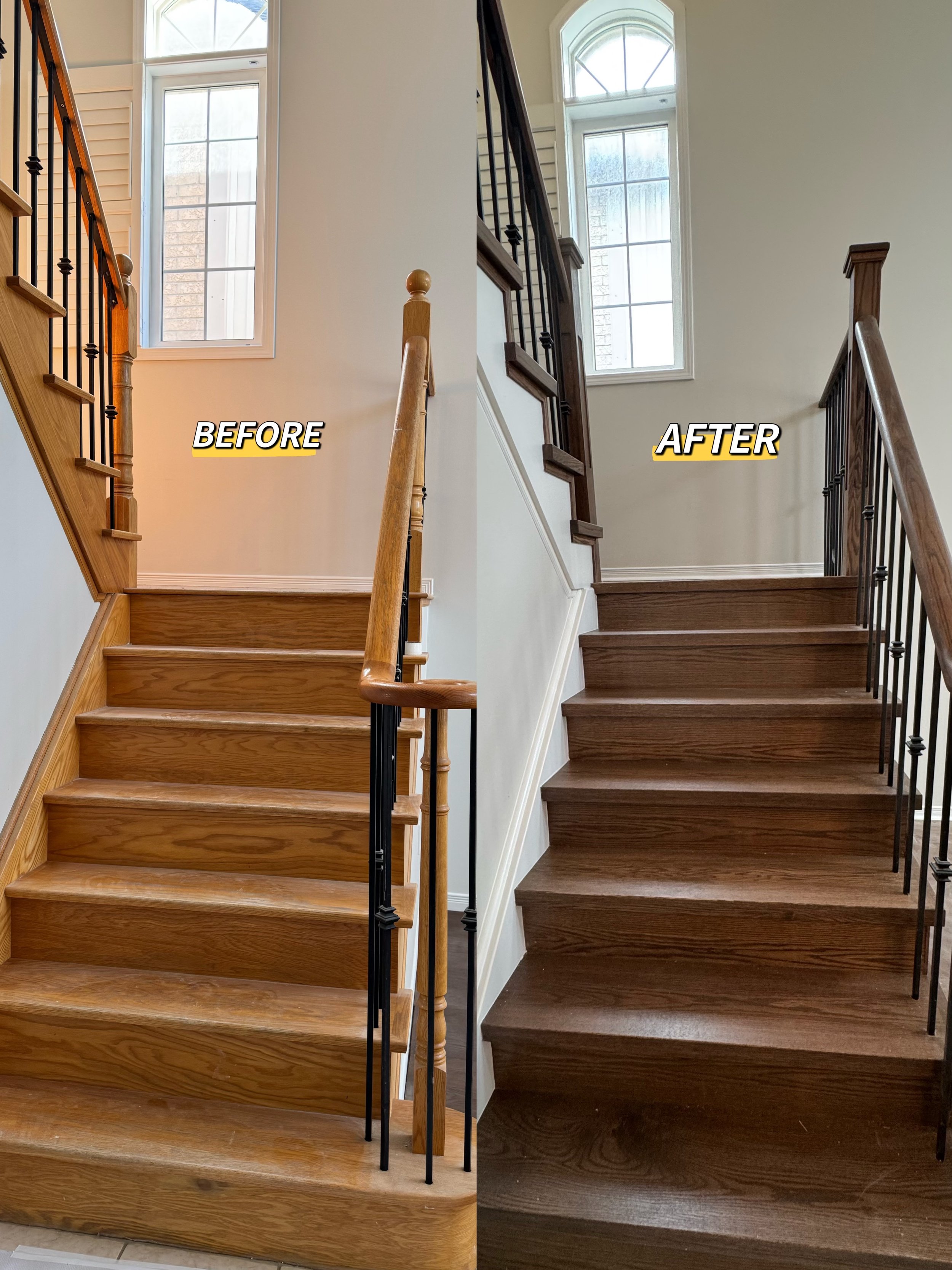 A side-by-side comparison of a staircase before and after being refinished. The "Before" side shows a natural wood staircase with a glossy finish, and the "After" side shows the same staircase stained darker with a matte finish, showing a richer, dee