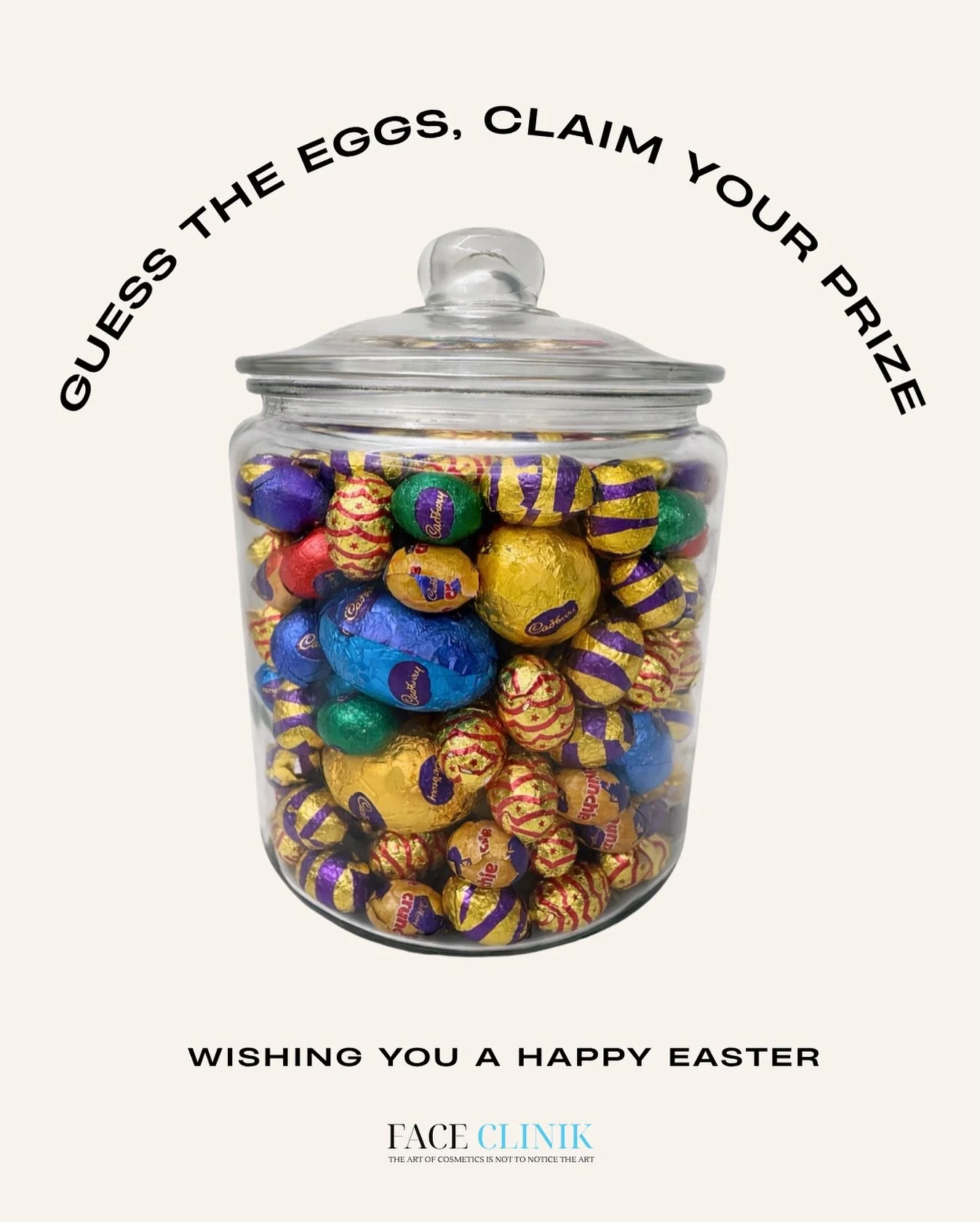 Wishing all of our beautiful clients a happy &amp; safe Easter 🐣💛

To celebrate, we&rsquo;re hosting an Easter Egg Guessing Competition! 🍫✨
To enter, simply tag a friend below with your guess of how many eggs are in the jar.

The jar will be in cl