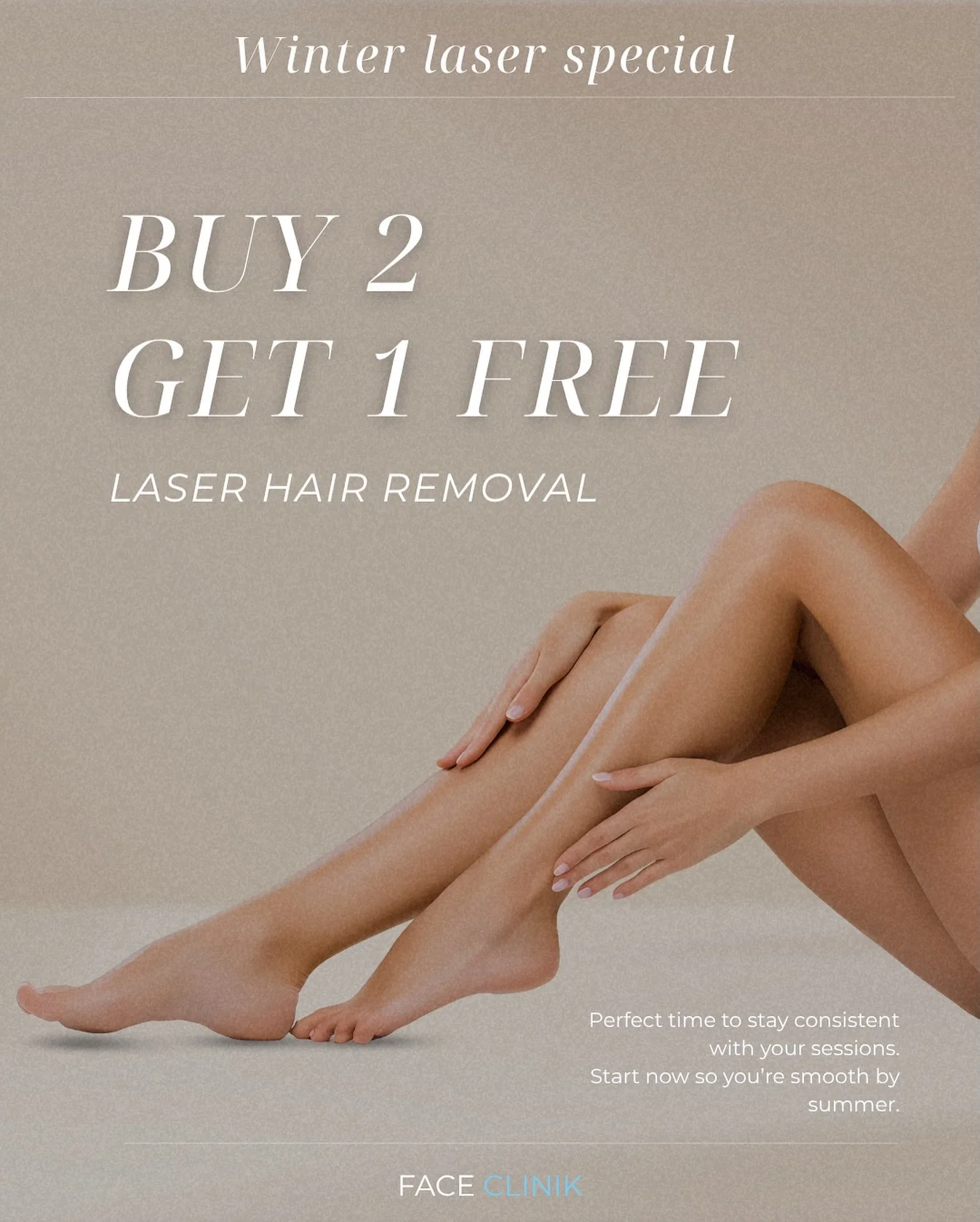 Winter is where the best laser results begin ✨

For a limited time, enjoy our exclusive winter laser special &mdash;
Buy 2 sessions, receive your 3rd complimentary.

The cooler months are the perfect time to stay consistent with your treatments, mini
