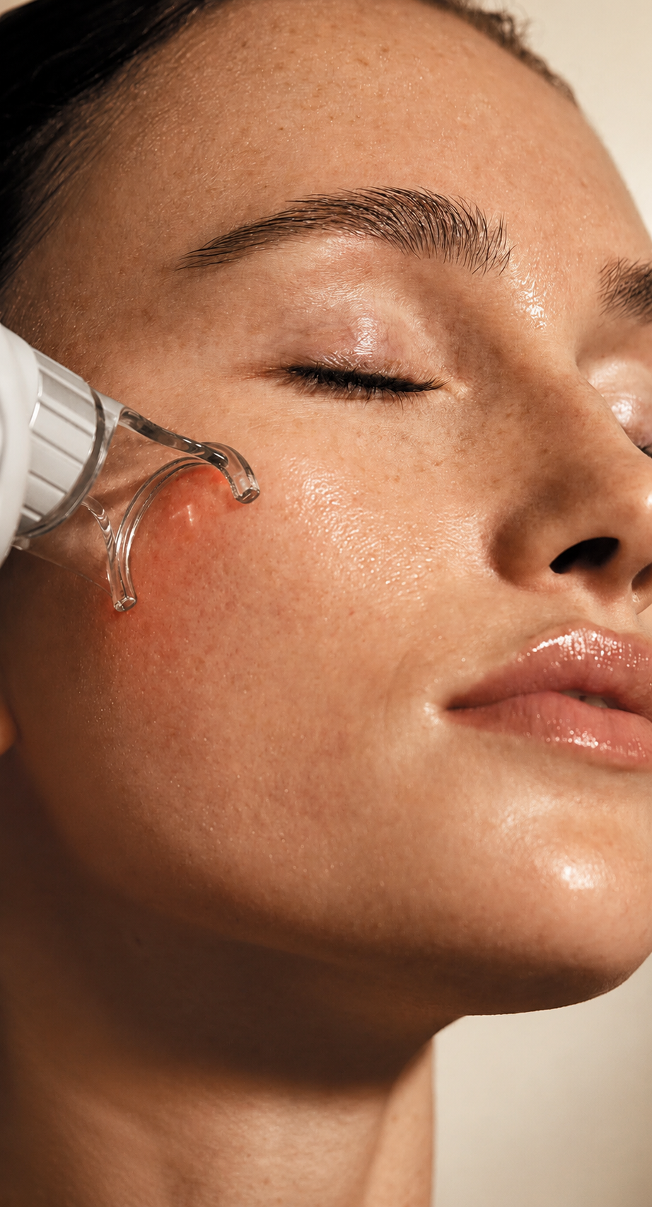 A woman receiving a facial treatment or skincare procedure with a device near her cheek.