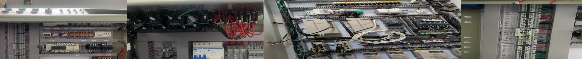 Close-up of electrical control panels with circuit breakers, wiring, and electronic components.